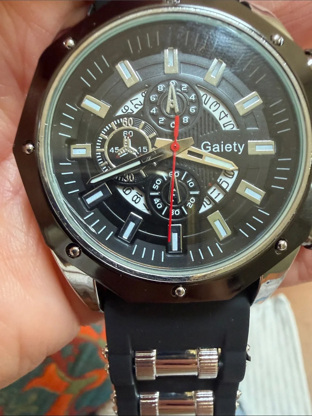 Gaiety ~ Men's Black Sport Chronograph Watch New Black Nylon & Silver